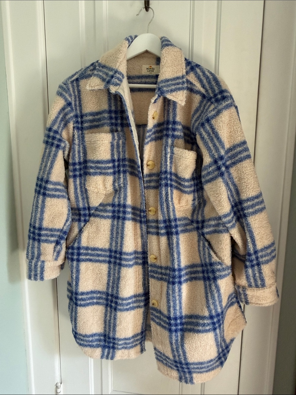 Marine Layer • Electric Blue and Cream Sherpa Plaid Fleece Jacket (Size L)